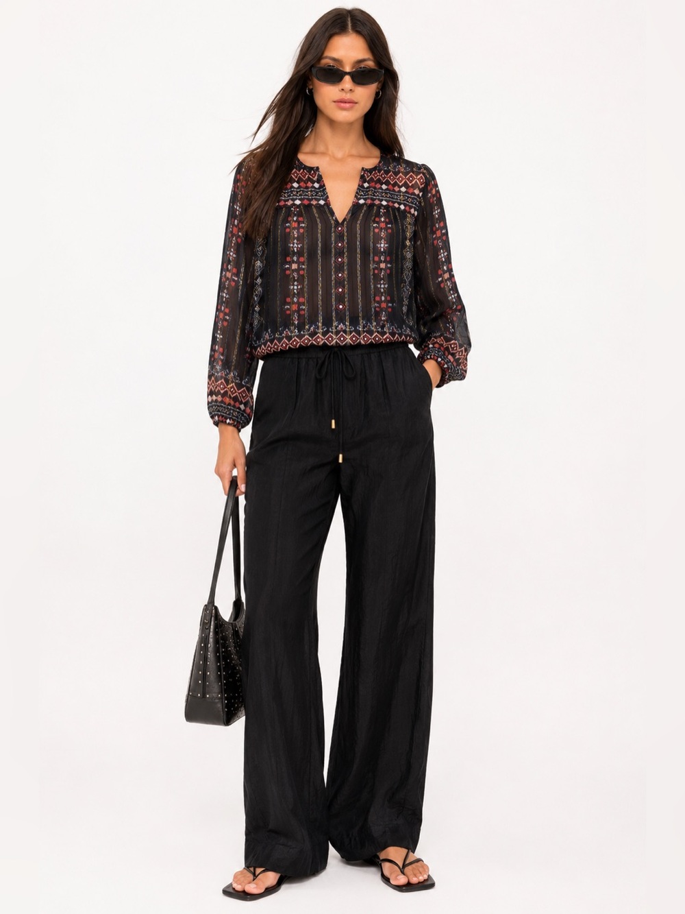 Joie Maguie Caviar Bohemian Print Blouse Navy Chiffon Metallic Size Small